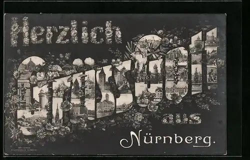 AK Nürnberg, Herzlich Grüss Gott aus Nürnberg, Kirche, Turm, Gebäudeansichten