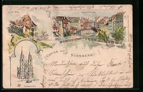 Lithographie Nürnberg, Lorenzkirche, Fleischbrücke, Auf der Burg