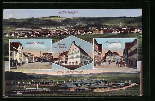 AK Münsingen, Panorama, Bahnhofstrasse, Partie mit Rathaus, Hauptstrasse