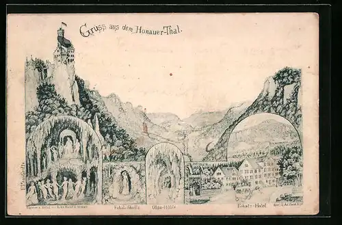 Lithographie Honau, Echatz-Quelle, Olga-Höhle, Echatz-Hotel