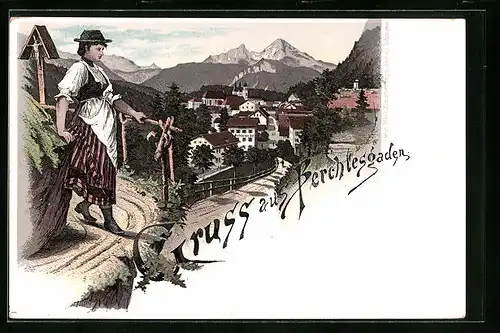 Lithographie Berchtesgaden, Alpenmädel vor Ortsansicht aus der Vogelschau
