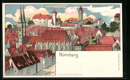 Lithographie Nürnberg, Teilansicht mit Burg