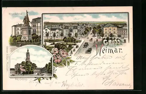 Lithographie Weimar, Ortsansicht aus der Vogelschau, Schloss und Kriegerdenkmal