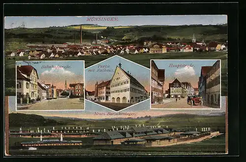 AK Münsingen, Ortsansicht (Panorama), Bahnhofstrasse, Partie mit Rathaus, Hauptstrasse