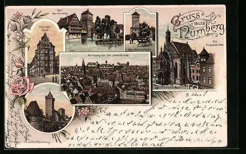 Lithographie Nürnberg, Ortsansicht von der Lorenzkirche, Frauenkirche, Petersen Haus