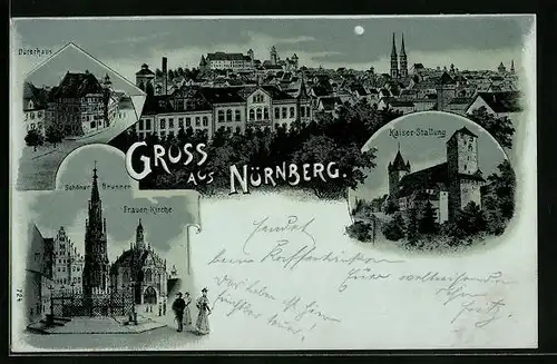 Mondschein-Lithographie Nürnberg, Ortsansicht, Dürerhaus, Kaiser-Stallung