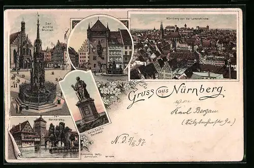 Lithographie Nürnberg, Ortsansicht von der Lorenzkirche, Der schöne Brunnen, Hans Sachs Denkmal