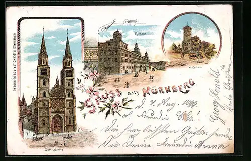 Lithographie Nürnberg, Lorenzkirche, Rathaus, Heidenturm