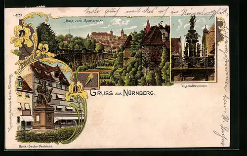 Lithographie Nürnberg, Burg vom Spittlerthor, Tugendbrunnen, Hans-Sachs-Denkmal