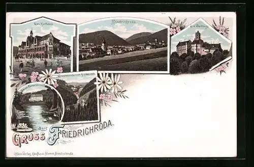 Lithographie Friedrichroda, Ortsansicht, Wartburg, Kurhaus