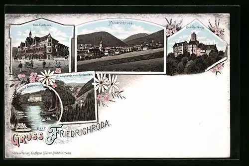 Lithographie Friedrichroda, Ortsansicht, Kurhaus, Wartburg