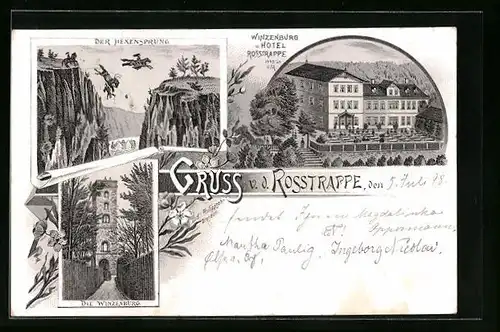 Lithographie Rosstrappe, Winzenburg und Hotel Rosstrappe, Der Hexensprung, Die Winzenburg