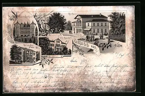 Lithographie Berka / Ilm, Kurhaus, Villa Rosenthal, Küsters Logirhaus