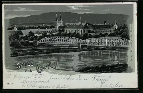 Mondschein-Lithographie Corvey, Flusspartie mit Brücke und Häusern