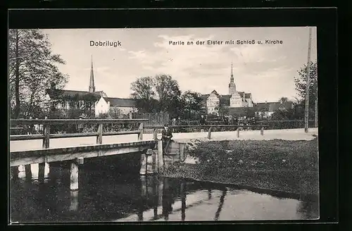 AK Dobrilugk, Partie an der Elster mit Schloss und Kirche
