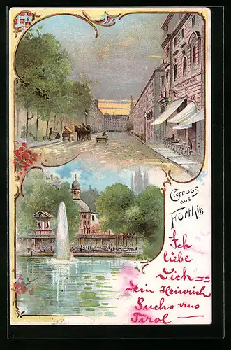 Lithographie Fürth, Strassenpartie mit Kutsche, Teich mit Springbrunnen, Hotel National