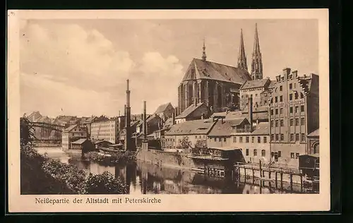 AK Görlitz, Neissepartie der Altstadt mit Peterskirche