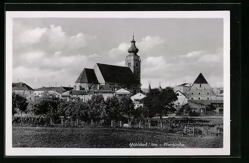 AK Mühldorf /Inn, Pfarrkirche, vom Ortsrand aus