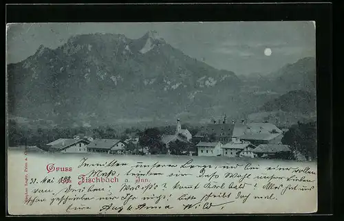 Mondschein-AK Fischbach am Inn, Ortsansicht vor Bergpanorama