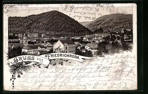 Vorläufer-Lithographie Friedrichroda, 1895, Panoramablick auf die Ortschaft