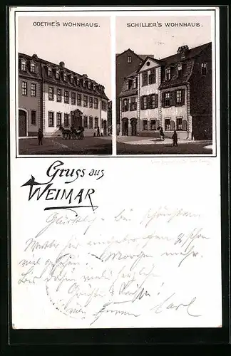 Vorläufer-Lithographie Weimar, 1892, Goethes Wohnhaus, Schillers Wohnhaus