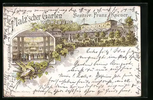 Lithographie Würzburg, Gasthaus Platz`scher Garten von Franz Kneuer