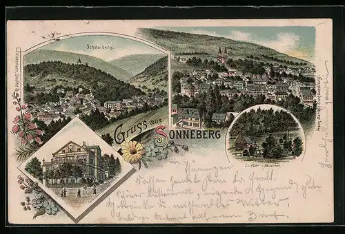 Lithographie Sonneberg, Schlossberg, Kaltwasser-Heilanstalt, Luther-Häuschen