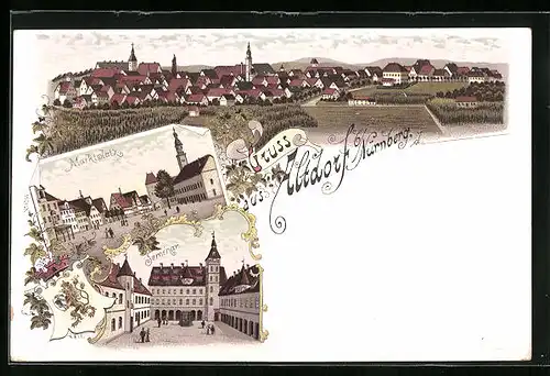 Lithographie Altdorf bei Nürnberg, Marktplatz, Seminar, Totalansicht