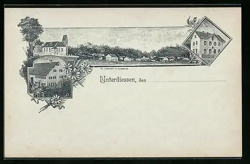 Lithographie Unterdiessen, K. Post, Pfarrhaus, Totalansicht