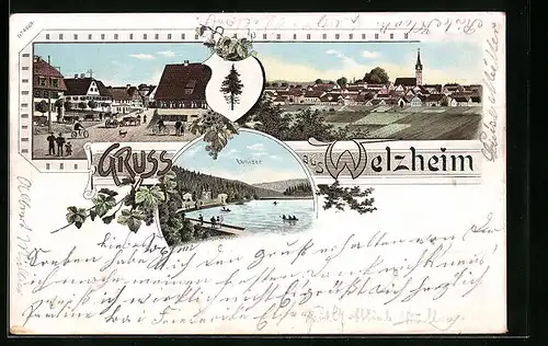 Lithographie Welzheim, Ebnisee, Strassenpartie, Totalansicht
