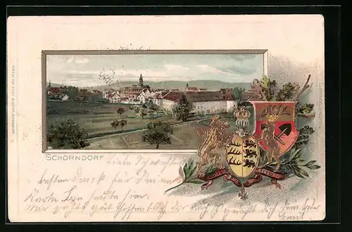 Passepartout-Lithographie Schorndorf, Ortsansicht aus der Vogelschau, Wappen