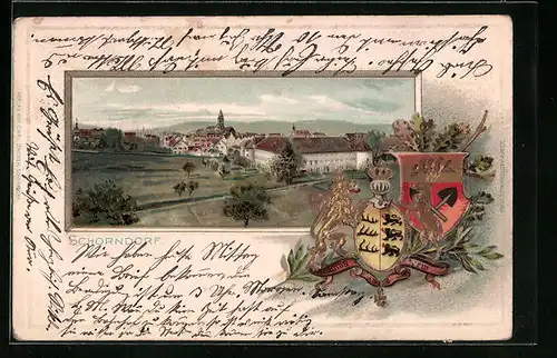 Passepartout-Lithographie Schorndorf, Ortsansicht aus der Vogelschau, Wappen