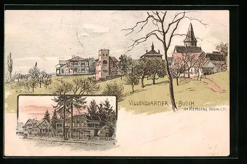 Lithographie Buoch im Remstal, Blick auf das Villenviertel