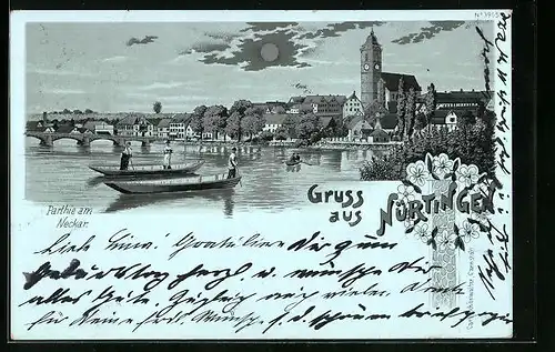 Mondschein-Lithographie Nürtingen, Boote auf dem Neckar, Blick zur Stadt