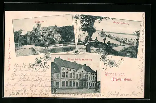 AK Gravenstein, Hotel Stadt Hamburg, Kurhaus, Anlegebrücke