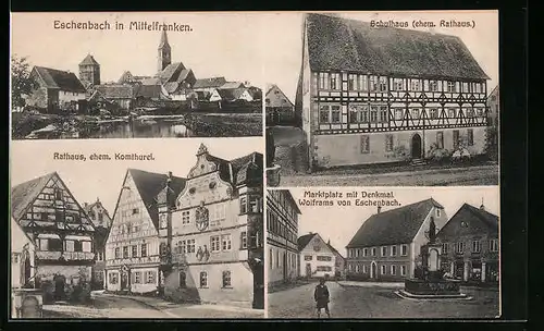 AK Eschenbach in Mittelfranken, Rathaus ehem. Komturei, Schulhaus, Marktplatz mit Denkmal Wolframs von Eschenbach