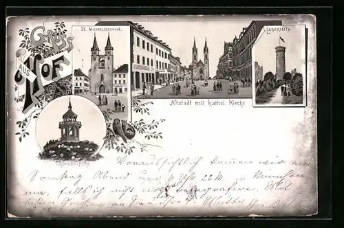 Lithographie Hof, Altstadt mit katholischer Kirche, Labyrinth, St. Michaeliskirche