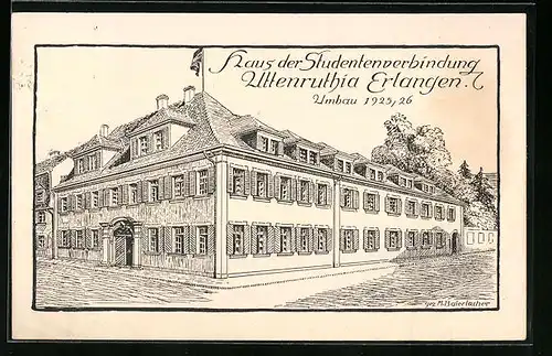 Künstler-AK Erlangen, Haus der Studentenverbindung Uttenruthia, Umbau 1925-26