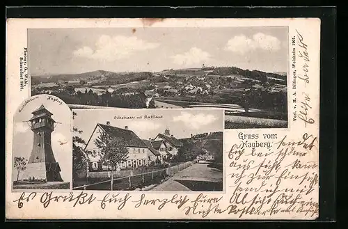 AK Horlachen, Teilansicht, Aussichtsturm Hagberg, Ortsstrasse mit Rathaus