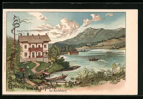 Lithographie Schlehdorf, Restaurant am Karptsee mit Booten