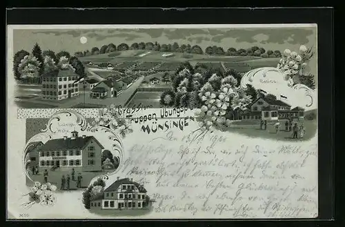 Mondschein-Lithographie Münsingen, Truppen-Übungsplatz, Hôtel Fezer, Gasthaus Ludwigs-Höhe, Casino