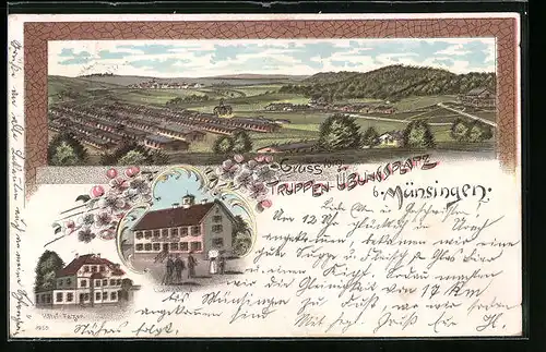 Lithographie Münsingen, Truppen-Übungsplatz, Hôtel-Fezer, Gasthaus Ludwigshöhe