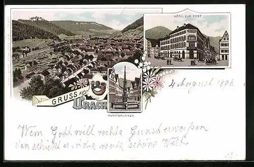 Lithographie Urach, Hotel zur Post, Marktbrunnen, Gesamtansicht