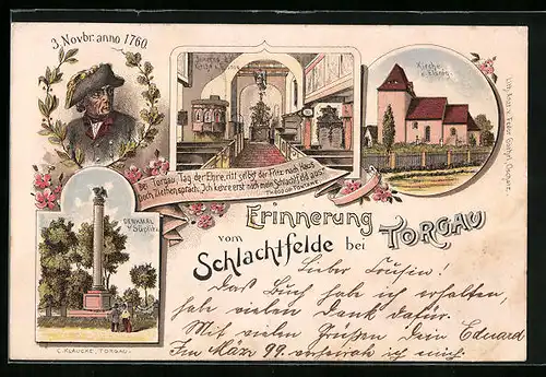 Lithographie Torgau, Denkmal bei Süplitz, Kirche z. Elsnig, Innenansicht