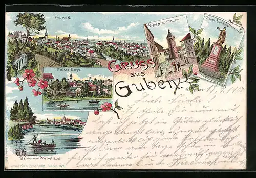 Lithographie Guben, Neisse-Berge, Werderthorturm, Siegesdenkmal