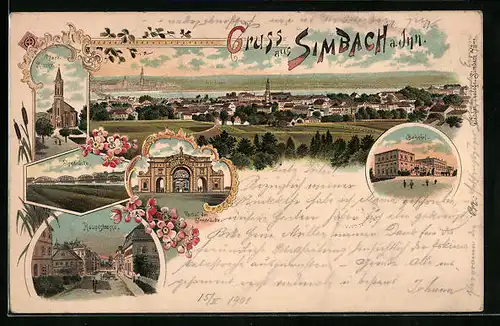 Lithographie Simbach /Inn, Pfarrkirche, Bahnhof, Portal der Innbrücke, Hauptstrasse