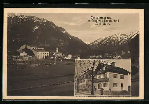 AK Oberammergau, Hotel und Gemischtwarenhandlung Burger in der Bahnhofstrasse, Passionstheater und Laberstock
