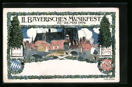 Künstler-AK Regensburg, II. Bayerisches Musikfest 1904, Teilansicht mit Kirche