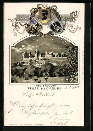Passepartout-Lithographie Coburg, Veste Coburg bei Mondschein, Wappen