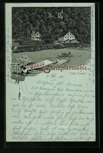 Lithographie Gössweinstein, Blick auf den Gasthof Stempfermühle mit Ausflüglern